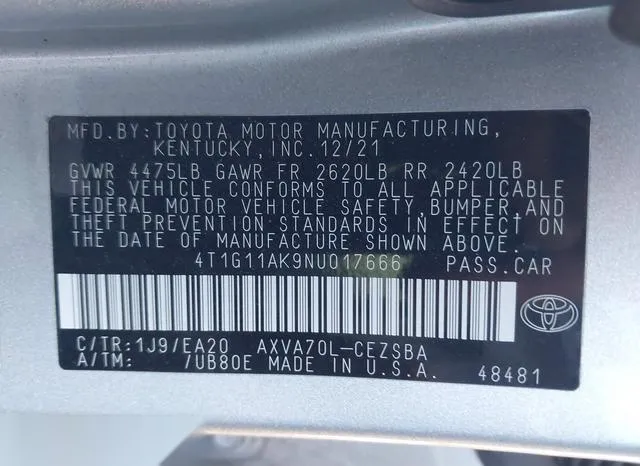 4T1G11AK9NU017666 2022 2022 Toyota Camry- SE 9