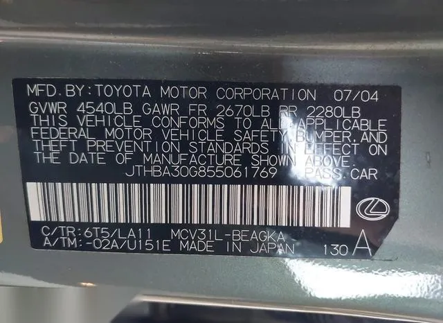 JTHBA30G855061769 2005 2005 Lexus ES- 330 9