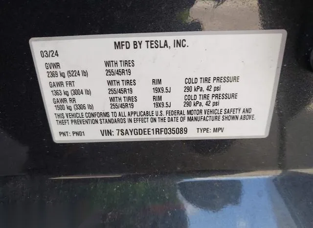 7SAYGDEE1RF035089 2024 2024 Tesla Model Y- Long Range Dual 9