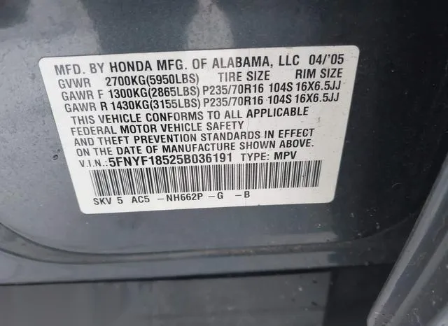 5FNYF18525B036191 2005 2005 Honda Pilot- Ex-L 9