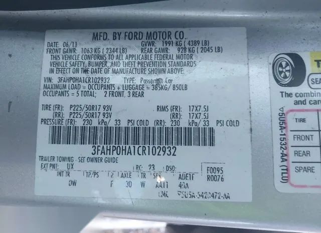 3FAHP0HA1CR102932 2012 2012 Ford Fusion- SE 9