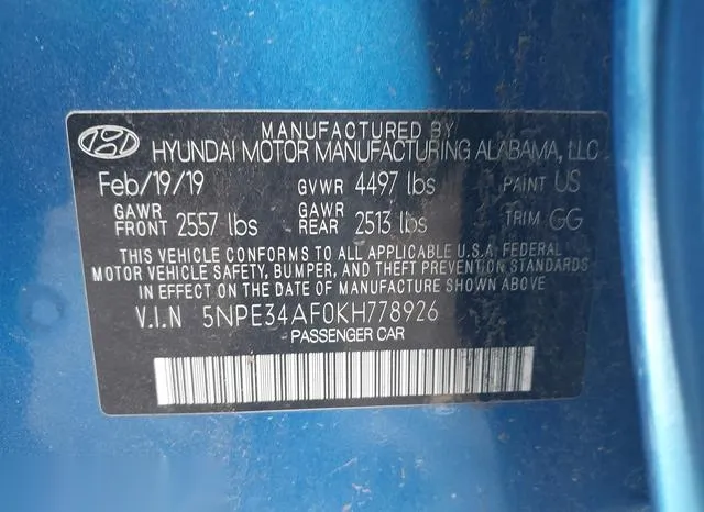 5NPE34AF0KH778926 2019 2019 Hyundai Sonata- Sel 9