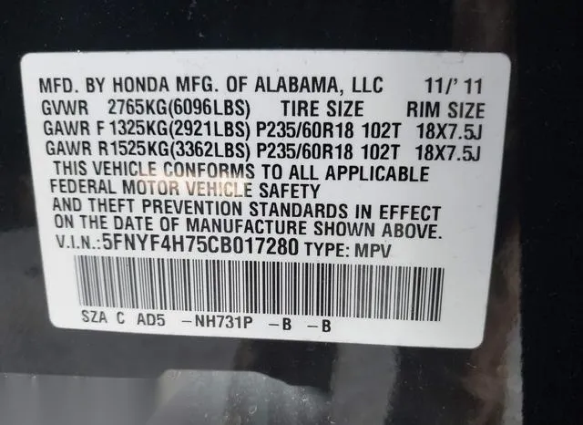 5FNYF4H75CB017280 2012 2012 Honda Pilot- Ex-L 9