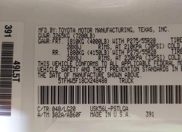 5TFHW5F18CX248488 2012 2012 Toyota Tundra- Limited 5-7L V8 9