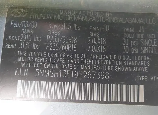 5NMSH13E19H267398 2009 2009 Hyundai Santa Fe- SE 9