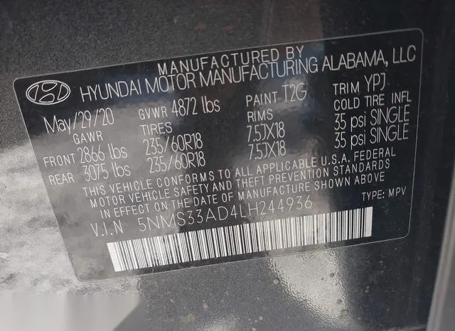 5NMS33AD4LH244936 2020 2020 Hyundai Santa Fe- Sel 9