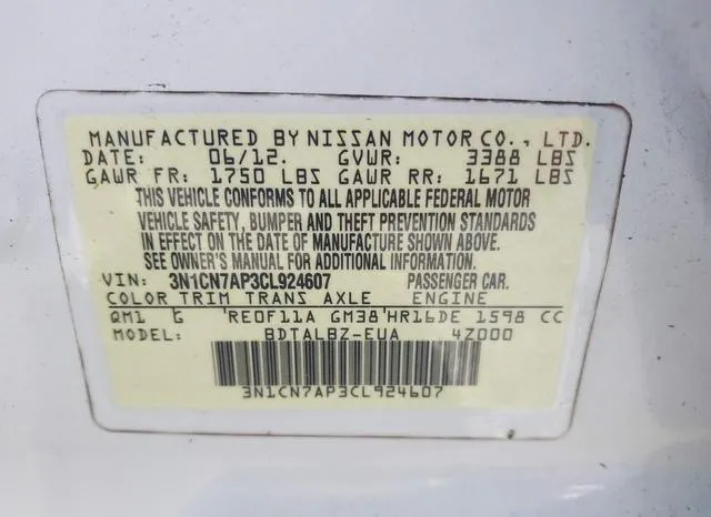 3N1CN7AP3CL924607 2012 2012 Nissan Versa- 1-6 SV 9