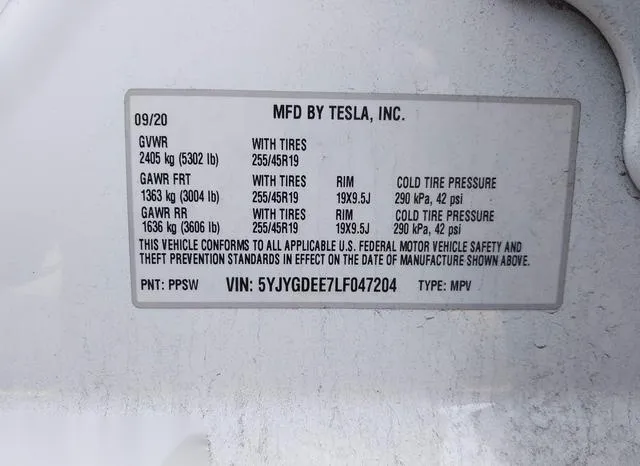 5YJYGDEE7LF047204 2020 2020 Tesla Model Y- Long Range Dual 9