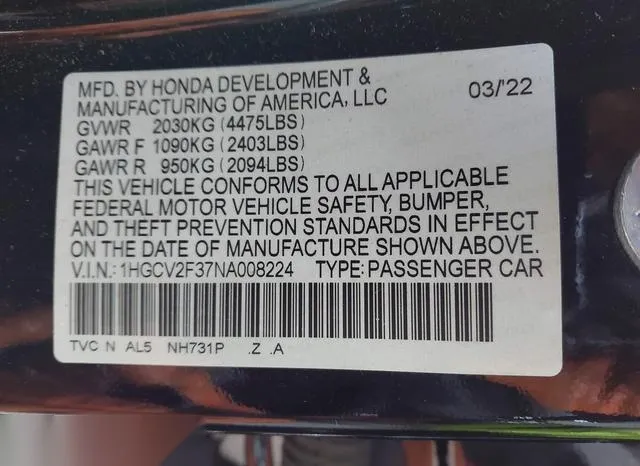 1HGCV2F37NA008224 2022 2022 Honda Accord- Sport 2-0T 9