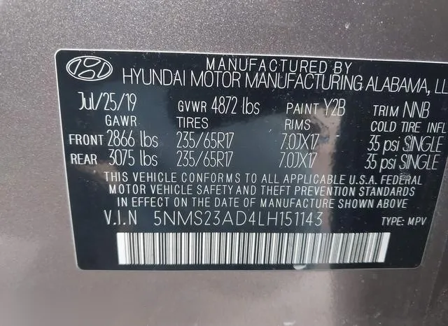 5NMS23AD4LH151143 2020 2020 Hyundai Santa Fe- SE 9