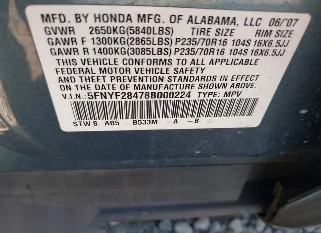 5FNYF28478B000224 2008 2008 Honda Pilot- EX 9