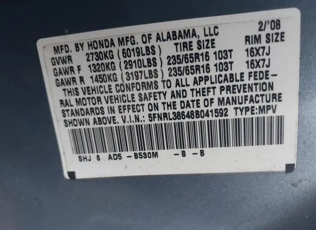 5FNRL38648B041592 2008 2008 Honda Odyssey- Ex-L 9