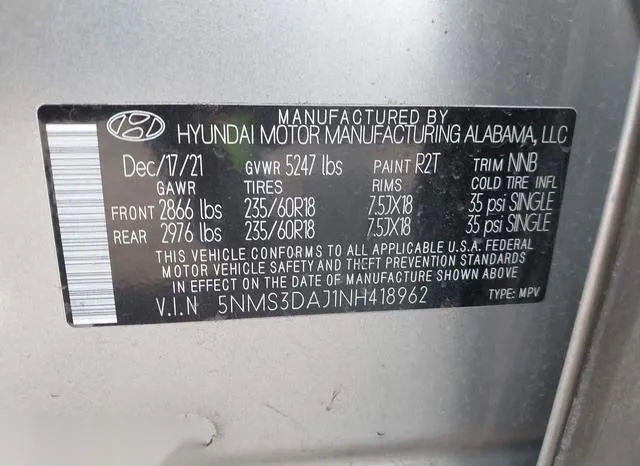 5NMS3DAJ1NH418962 2022 2022 Hyundai Santa Fe- Sel 9