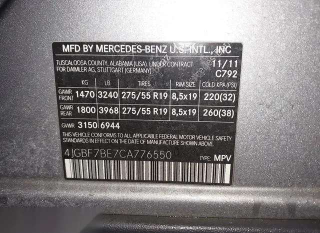 4JGBF7BE7CA776550 2012 2012 Mercedes-Benz GL 450- 4Matic 9