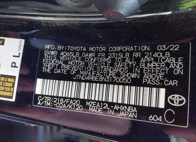 JTND4MBE8N3170050 2022 2022 Toyota Corolla- SE 9