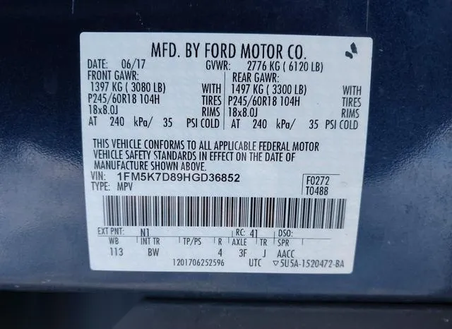 1FM5K7D89HGD36852 2017 2017 Ford Explorer- Xlt 9