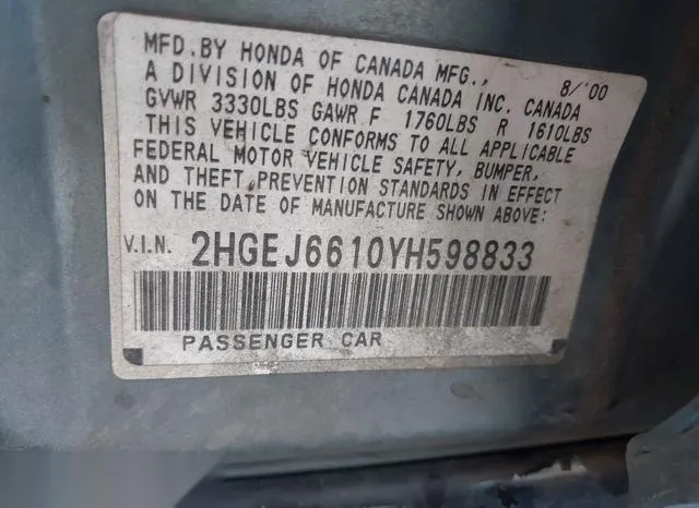 2HGEJ6610YH598833 2000 2000 Honda Civic- Value Package 9