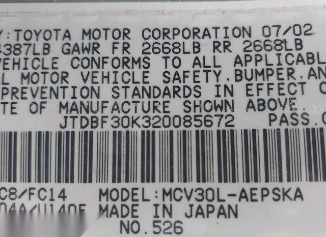 JTDBF30K320085672 2002 2002 Toyota Camry- Se V6 9