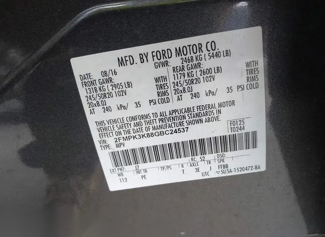 2FMPK3K88GBC24537 2016 2016 Ford Edge- Titanium 9