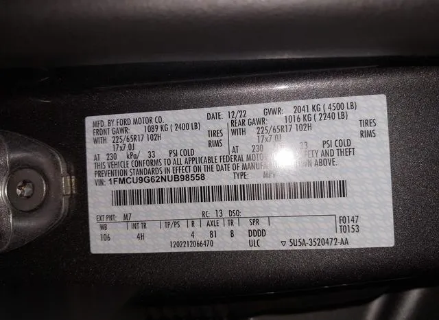 1FMCU9G62NUB98558 2022 2022 Ford Escape- SE 9