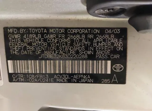 JTDBE32K830220288 2003 2003 Toyota Camry- LE 9