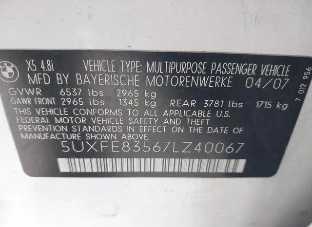 5UXFE83567LZ40067 2007 2007 BMW X5- 4-8I 9