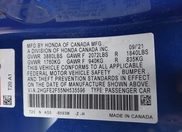 2HGFE2F55NH535596 2022 2022 Honda Civic- Sport 9