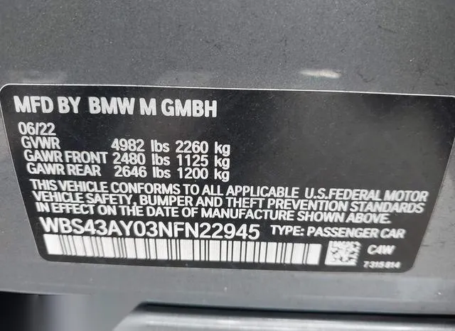 WBS43AY03NFN22945 2022 2022 BMW M3- Competition Xdrive 9