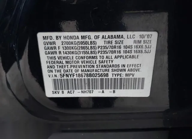 5FNYF18678B025698 2008 2008 Honda Pilot- Ex-L 9