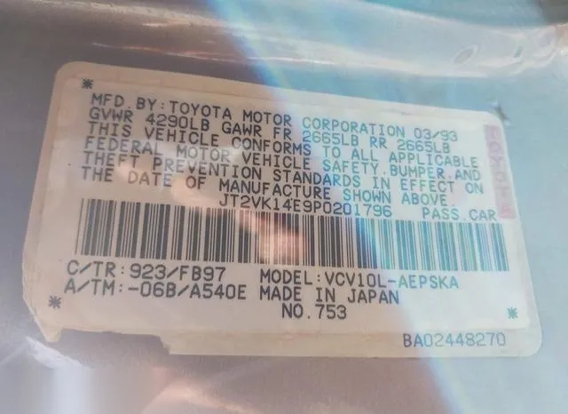 JT2VK14E9P0201795 1993 1993 Toyota Camry- SE 9