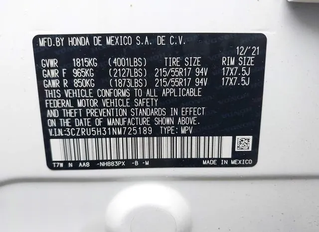 3CZRU5H31NM725189 2022 2022 Honda HR-V- 2Wd Lx 9