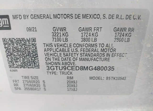 3GTU9CED8MG480035 2021 2021 GMC Sierra- 1500 4Wd  Short Box 9