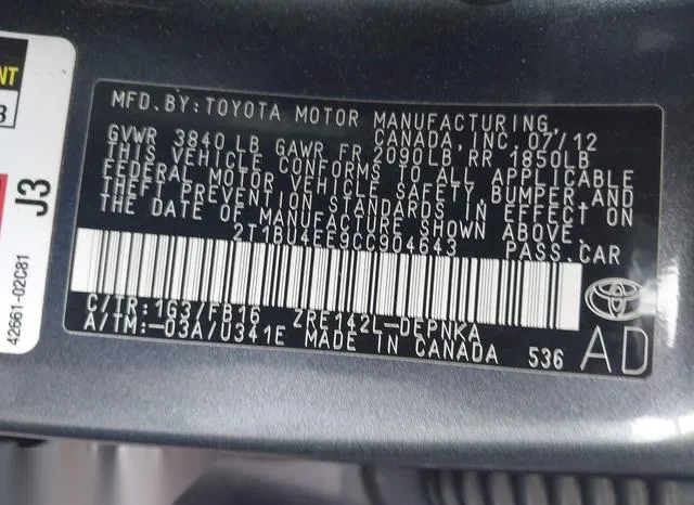 2T1BU4EE9CC904643 2012 2012 Toyota Corolla- LE 9