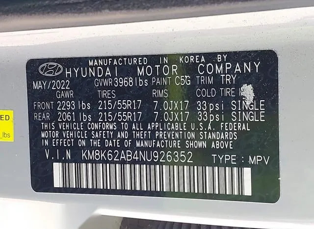 KM8K62AB4NU926352 2022 2022 Hyundai Kona- Sel 9