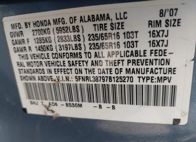 5FNRL38797B125270 2007 2007 Honda Odyssey- Ex-L 9