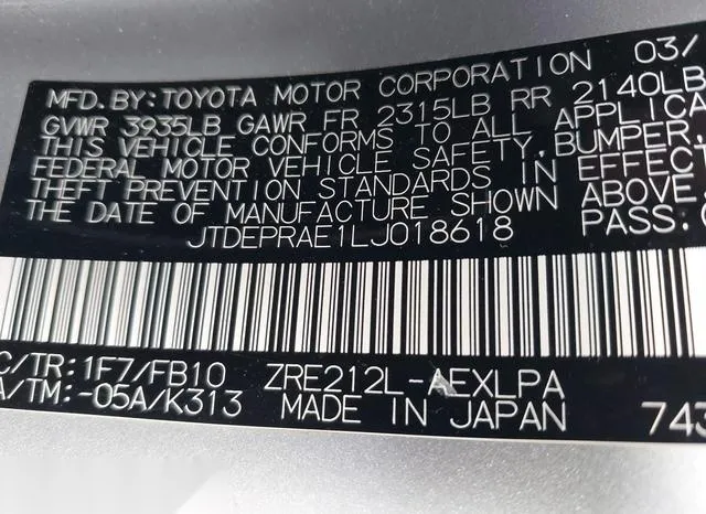 JTDEPRAE1LJ018618 2020 2020 Toyota Corolla- LE 9