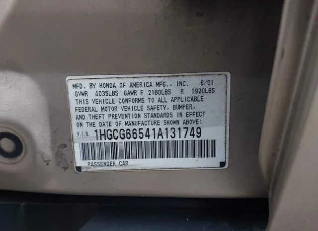 1HGCG66541A131749 2001 2001 Honda Accord- 2-3 LX 9