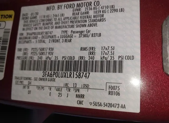 3FA6P0LUXLR158747 2020 2020 Ford Fusion- Hybrid Se 9