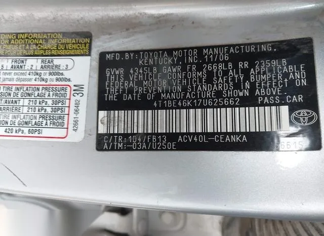 4T1BE46K17U625662 2007 2007 Toyota Camry- LE 9