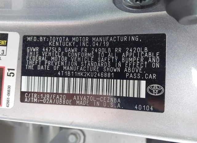 4T1B11HK2KU246881 2019 2019 Toyota Camry- LE 9