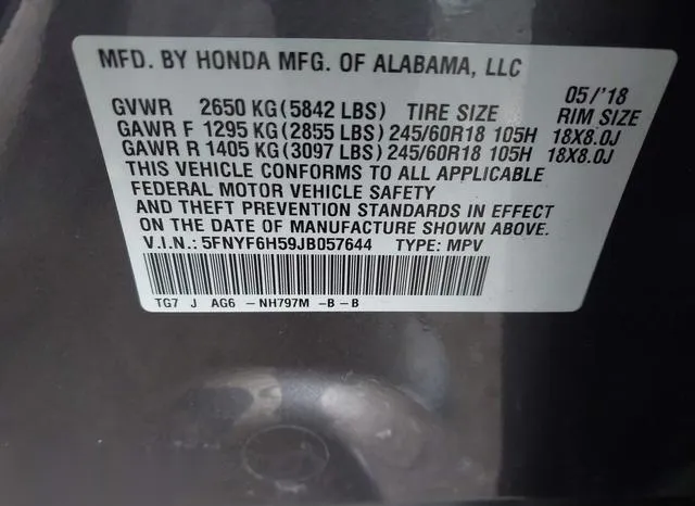 5FNYF6H59JB057644 2018 2018 Honda Pilot- Ex-L 9