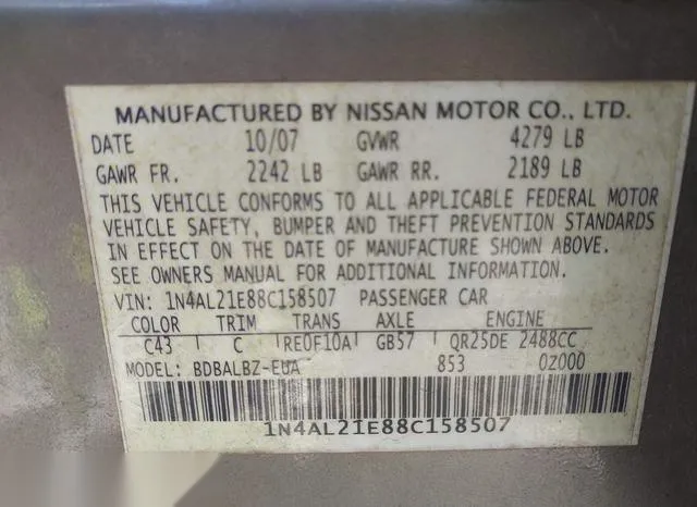 1N4AL21E88C158507 2008 2008 Nissan Altima- 2-5 S 9