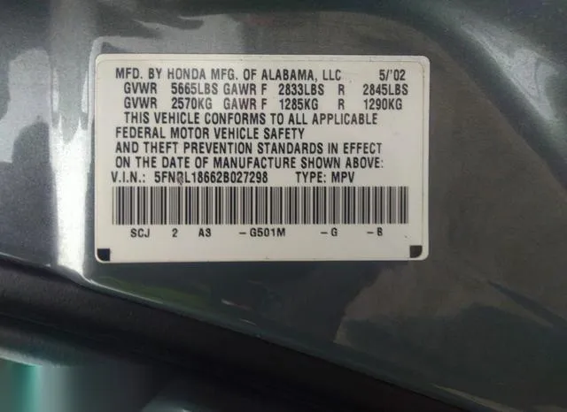 5FNRL18662B027298 2002 2002 Honda Odyssey- EX 9