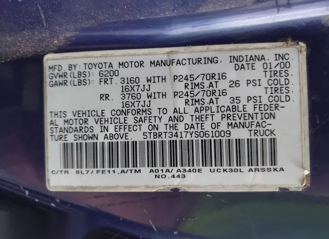 5TBRT3417YS061009 2000 2000 Toyota Tundra- Sr5 V8 9