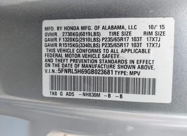 5FNRL5H69GB023681 2016 2016 Honda Odyssey- Ex-L 9