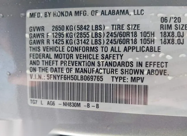 5FNYF6H50LB069765 2020 2020 Honda Pilot- Awd Ex-L 9