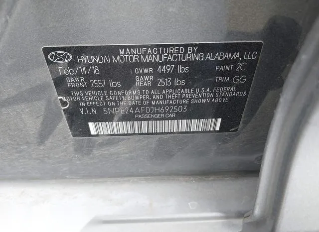 5NPE24AF0JH692503 2018 2018 Hyundai Sonata- SE 9