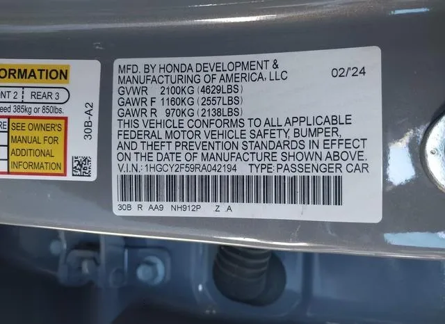 1HGCY2F59RA042194 2024 2024 Honda Accord- Hybrid Sport 9