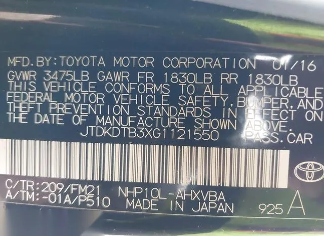 JTDKDTB3XG1121550 2016 2016 Toyota Prius- C Persona Series 9