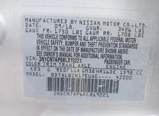 3N1CN7AP6KL819221 2019 2019 Nissan Versa- 1-6 SV 9